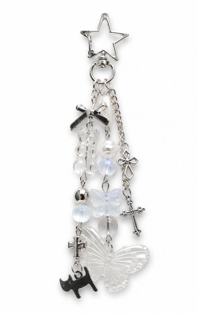Moonlit Wings Butterfly &amp; Cross Beaded Purse Charm with Silver-Tone Accents