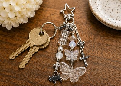 Moonlit Wings Butterfly &amp; Cross Beaded Purse Charm with Silver-Tone Accents