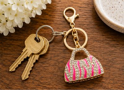 Pink Zebra Handbag Jeweled Purse Charm with Gold-Tone Hardware