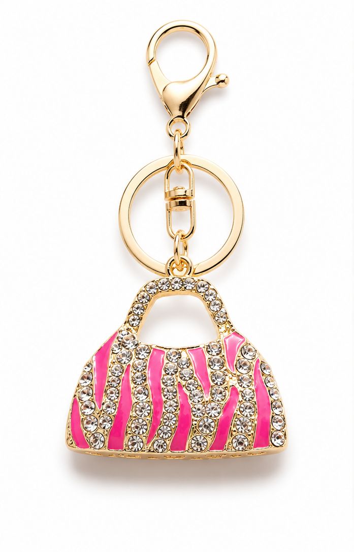 Pink Zebra Handbag Jeweled Purse Charm with Gold-Tone Hardware