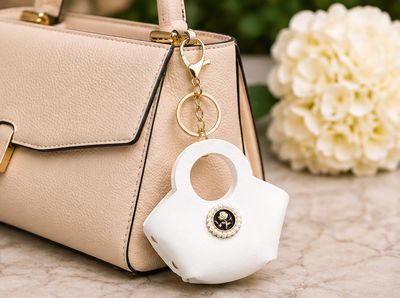 Ivory Rose White Mini Handbag Purse Charm with Pearl-Like Medallion