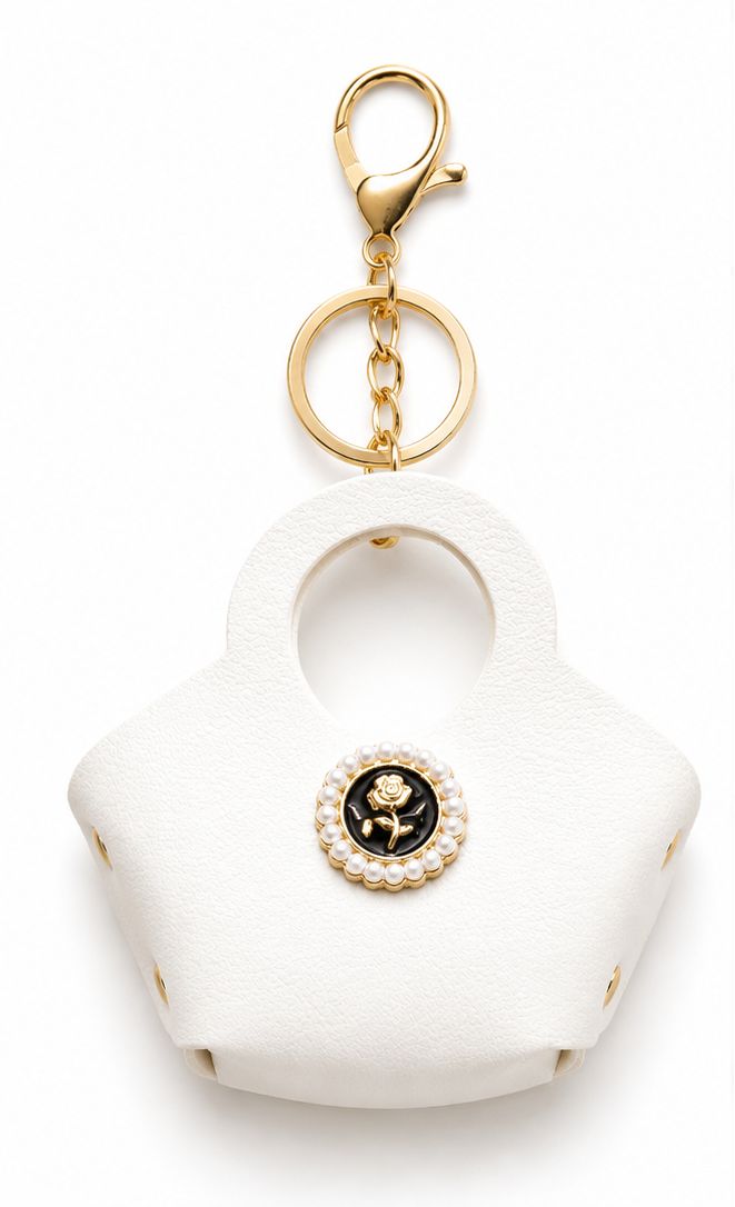 Ivory Rose White Mini Handbag Purse Charm with Pearl-Like Medallion