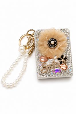 Champagne Bloom Jeweled Compact Mirror Purse Charm with Pearl-Like Wristlet