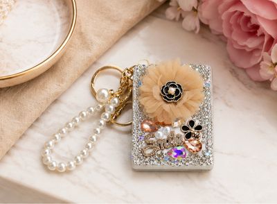 Champagne Bloom Jeweled Compact Mirror Purse Charm with Pearl-Like Wristlet