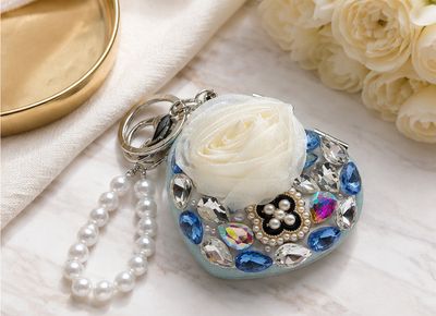 Blue Rose Garden Jeweled Compact Mirror Purse Charm with Pearl-Like Wristlet