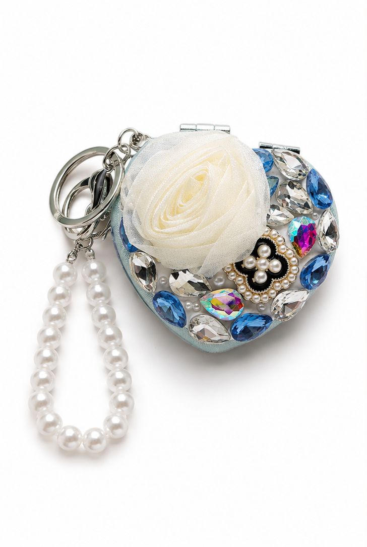 Blue Rose Garden Jeweled Compact Mirror Purse Charm with Pearl-Like Wristlet