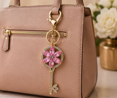 Pink Petal Key Jeweled Purse Charm &amp; Keychain