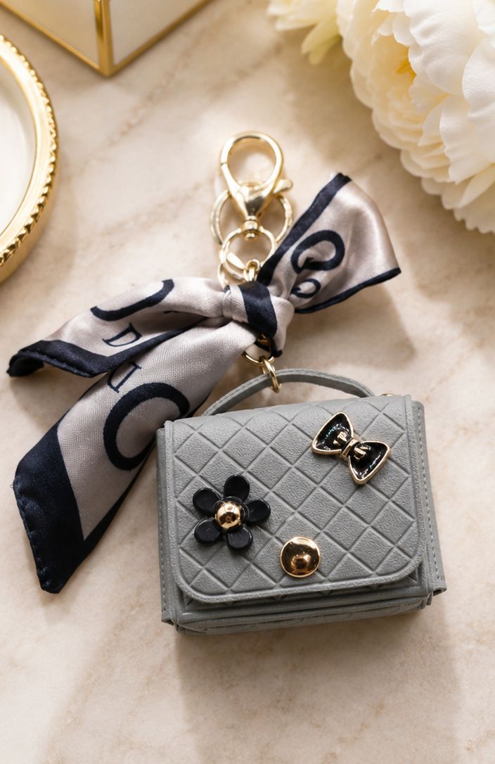 Parisian Slate Mini Handbag Purse Charm &amp; Keychain with Bow Accent