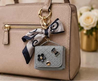 Parisian Slate Mini Handbag Purse Charm &amp; Keychain with Bow Accent