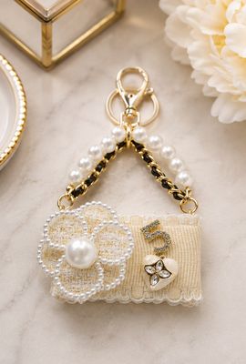Ivory Camellia Boutique Purse Charm &amp; Keychain with Pearl-Like Accents