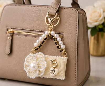 Ivory Camellia Boutique Purse Charm &amp; Keychain with Pearl-Like Accents