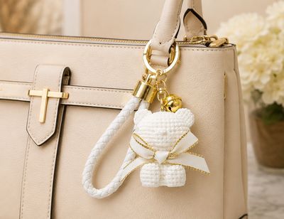 Ivory Keepsake Teddy Bear Keychain &amp; Purse Charm with Wrist Strap