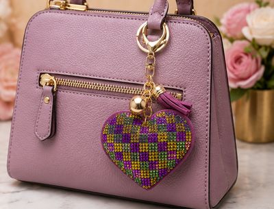 Carnival Mosaic Jeweled Heart Purse Charm &amp; Keychain with Purple Tassel