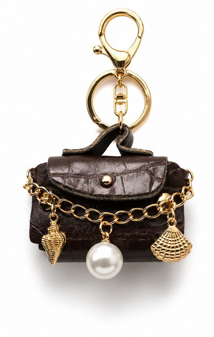 Coastal Keepsake Brown Mini Handbag Keychain &amp; Purse Charm with Shell Accents