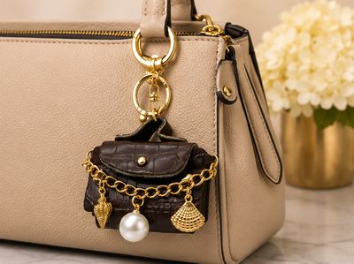 Coastal Keepsake Brown Mini Handbag Keychain &amp; Purse Charm with Shell Accents