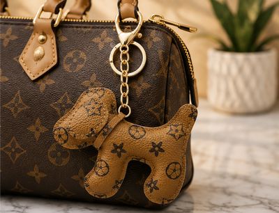 Cinnamon Pup Brown Dog Keychain &amp; Purse Charm with Gold-Tone Hardware