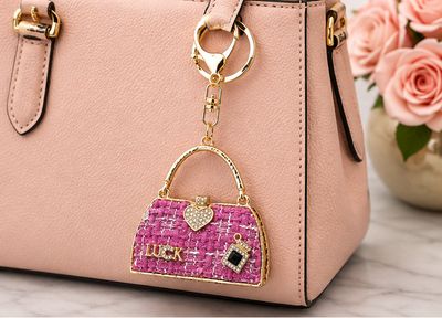 Lucky Rose Pink Woven Handbag Purse Charm &amp; Keychain