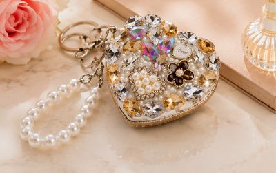 Champagne Garden Jeweled Heart Compact Mirror with Pearl-Style Wristlet