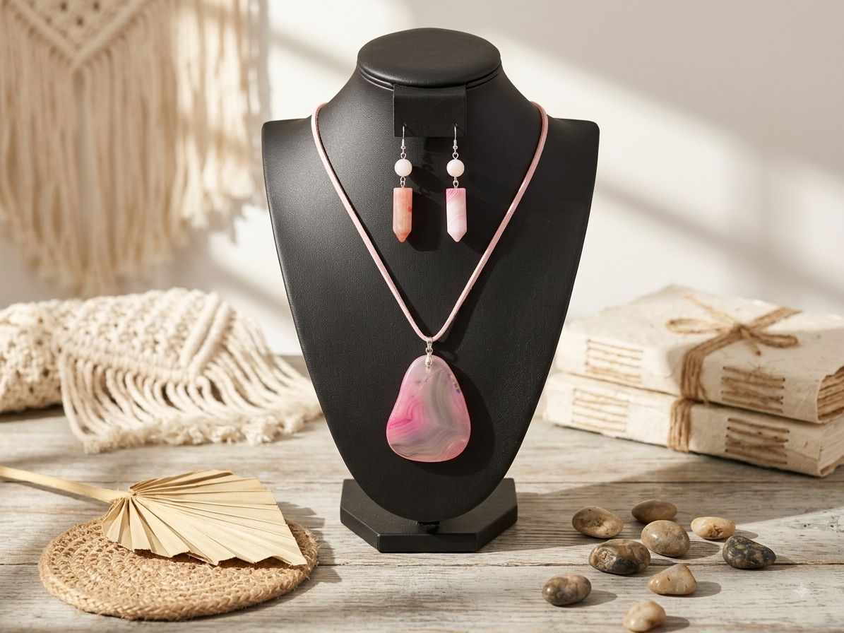 Pink Agate gemstone necklace and earrings