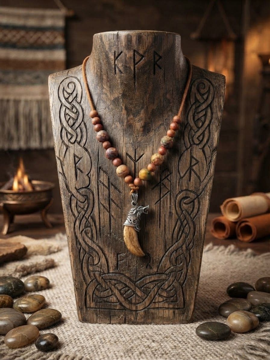 Fenris Legacy: Picture Jasper Wolf Totem Necklace