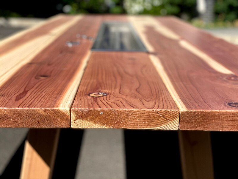 The Essence by Feast Tables - Natural Redwood Outdoor Dining Table with Optional Fire Pit & LED Under Table Down Lighting