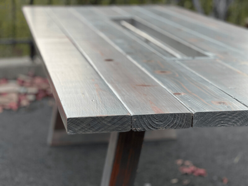 The Ambassador by Feast Tables - Weathered Graywash Shou Sugi Ban Redwood Outdoor Dining Table w/ Optional Fire Pit & LED Under Table Light