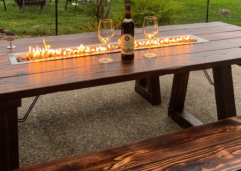 The Queen by Feast Tables - Tiger Stripe Shou Sugi Ban Redwood Outdoor Dining Table with Optional Fire Pit & LED Under Table Down Lighting