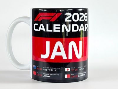 Formule 1 mok met racekalender 2026 gepersonaliseerd voorkant - EchtMiek