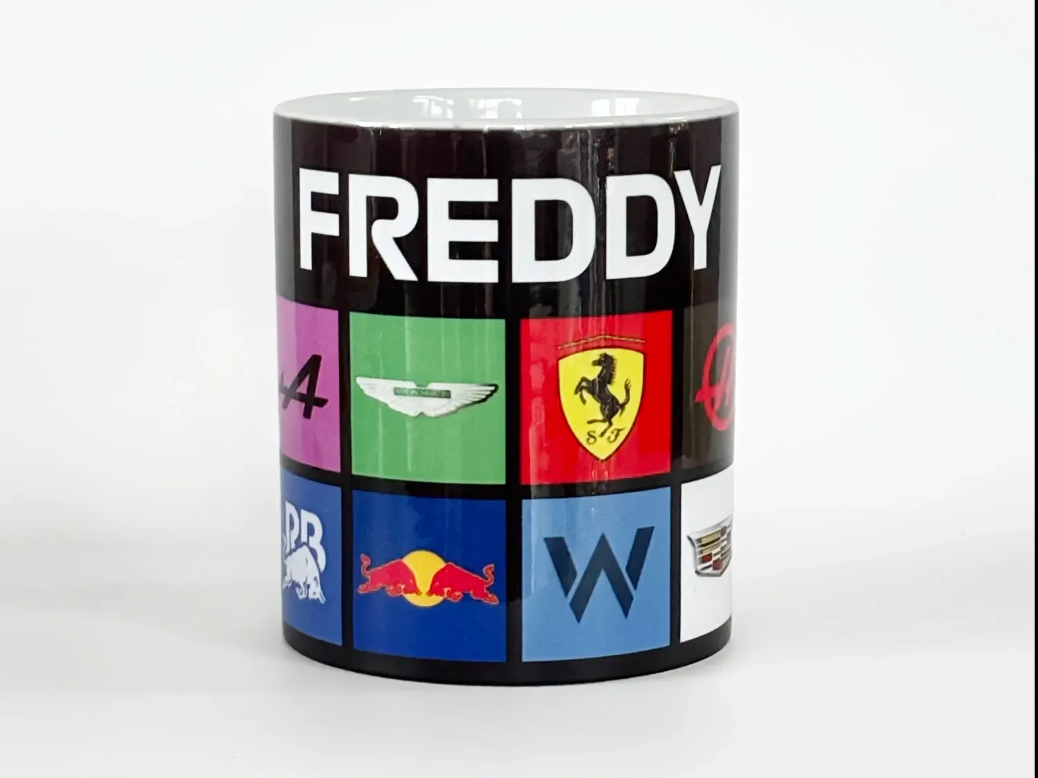 Formule 1 mok met teamlogo's Formule 1 mok logo's 2026 gepersonaliseerd front EchtMiek