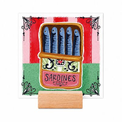 Kleurrijke keramische Sardines tegel in houten houder – EchtMiek