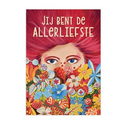 Kleurrijke A5 ansichtkaart Jij bent de allerliefste met vrouw en bloemen | EchtMiek