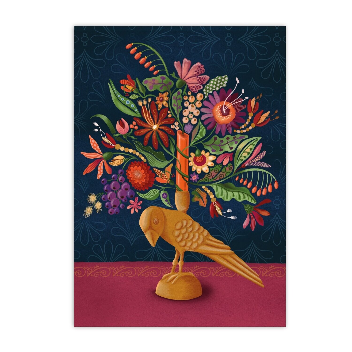 Bloemenkandelaar blauw – A5 ansichtkaart A5 ansichtkaart Bloemenkandelaar blauw met gouden vogel en kleurrijke bloemen – EchtMiek