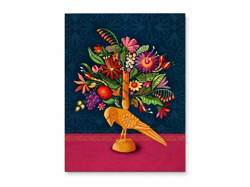 Poster Bloemenkandelaar blauw – A4 Poster Bloemenkandelaar blauw A4 met kleurrijke bloemen en gouden vogel – EchtMiek