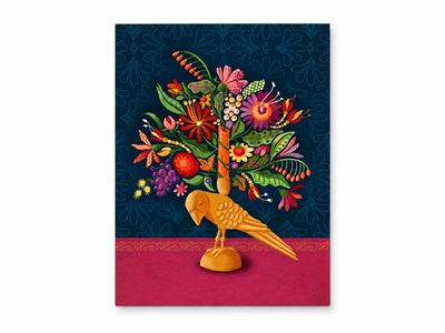 Poster Bloemenkandelaar blauw – A4 Poster Bloemenkandelaar blauw A4 met kleurrijke bloemen en gouden vogel – EchtMiek