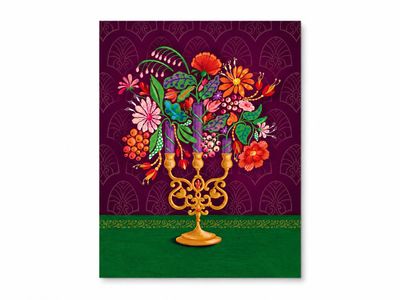 Poster Bloemenkandelaar paars – A4 Poster Bloemenkandelaar paars A4 met kleurrijke bloemen en gouden kandelaar – EchtMiek