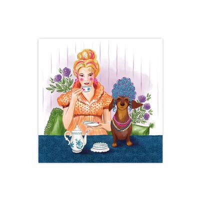 Teckel High Tea wenskaart met kleurrijke illustratie – EchtMiek