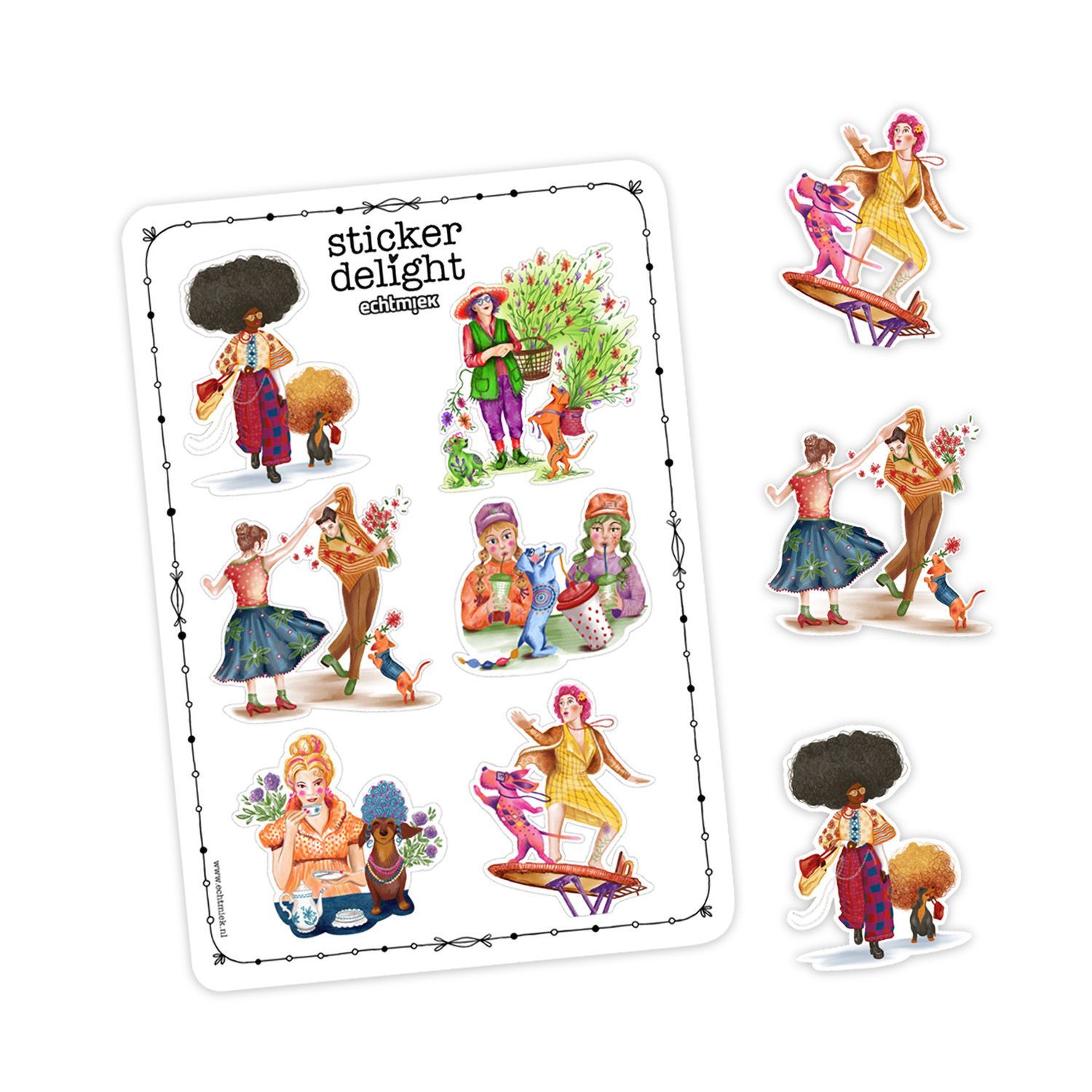 TECKELLEVEN Stickervel met kleurrijke teckel stickers en vrolijke illustraties van vrouwen met honden – EchtMiek