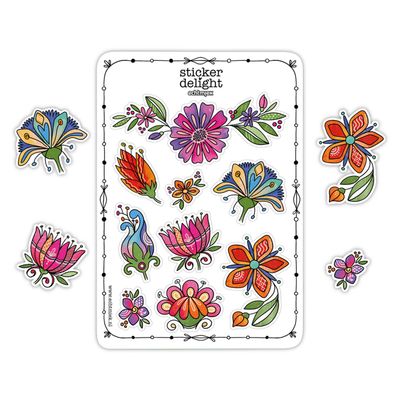 Kleurrijk stickervel met handgetekende bloemenstickers in roze, oranje, paars en blauw – EchtMiek