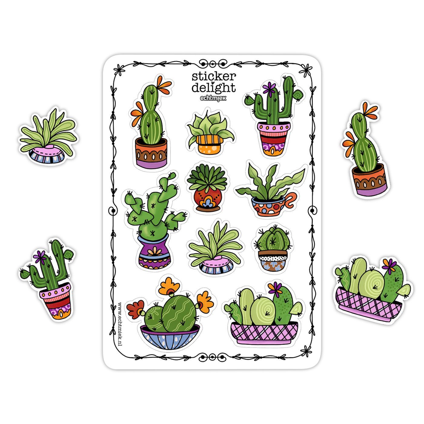CACTUSSEN Stickervel met kleurrijke cactus- en plantenstickers in vrolijke potjes – EchtMiek