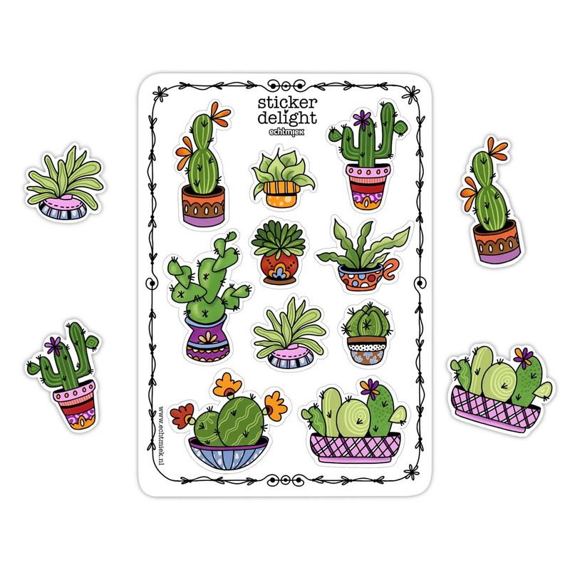 CACTUSSEN Stickervel met kleurrijke cactus- en plantenstickers in vrolijke potjes – EchtMiek