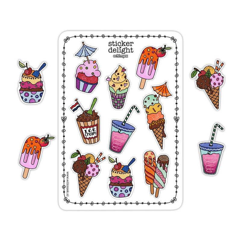 IJSJES Stickervel met kleurrijke ijsjes stickers, ijslolly’s, ijshoorntjes en milkshake – EchtMiek