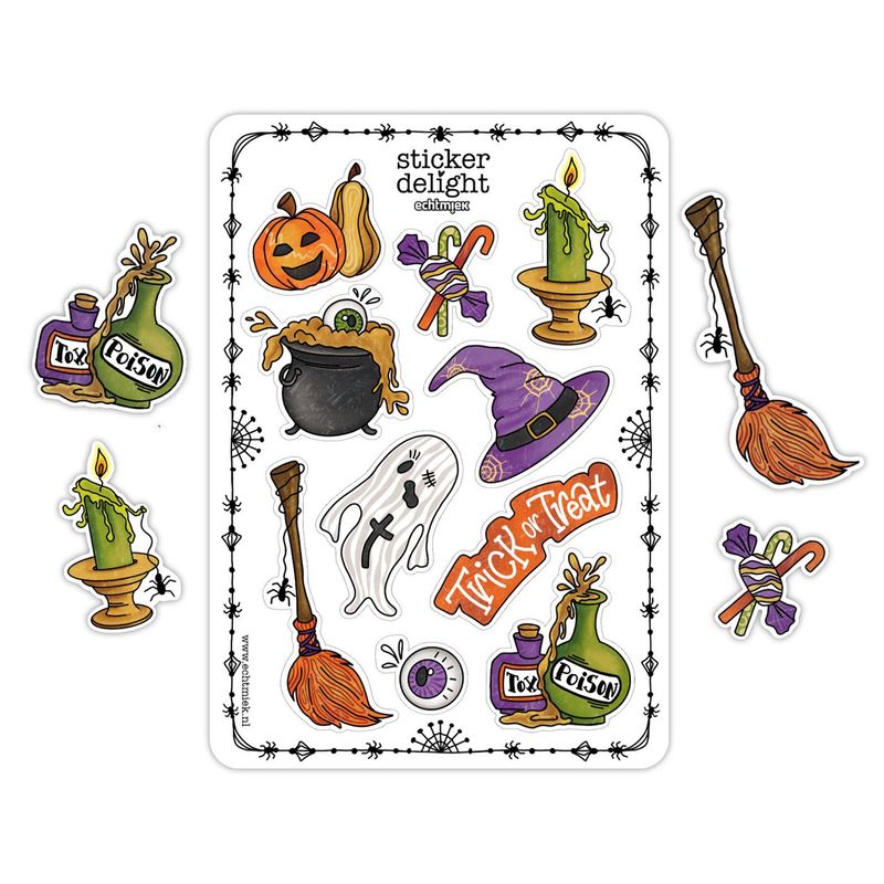 HALLOWEEN Stickervel met kleurrijke Halloween stickers zoals pompoen, spook, heksenhoed en bezem – EchtMiek