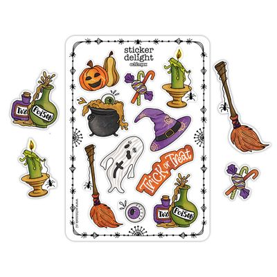 HALLOWEEN Stickervel met kleurrijke Halloween stickers zoals pompoen, spook, heksenhoed en bezem – EchtMiek