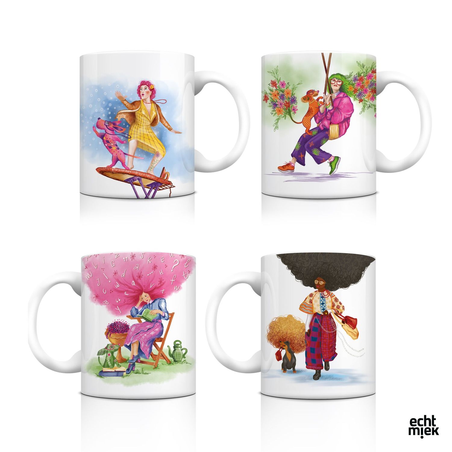 Teckel mokken set – 4 kleurrijke mokken