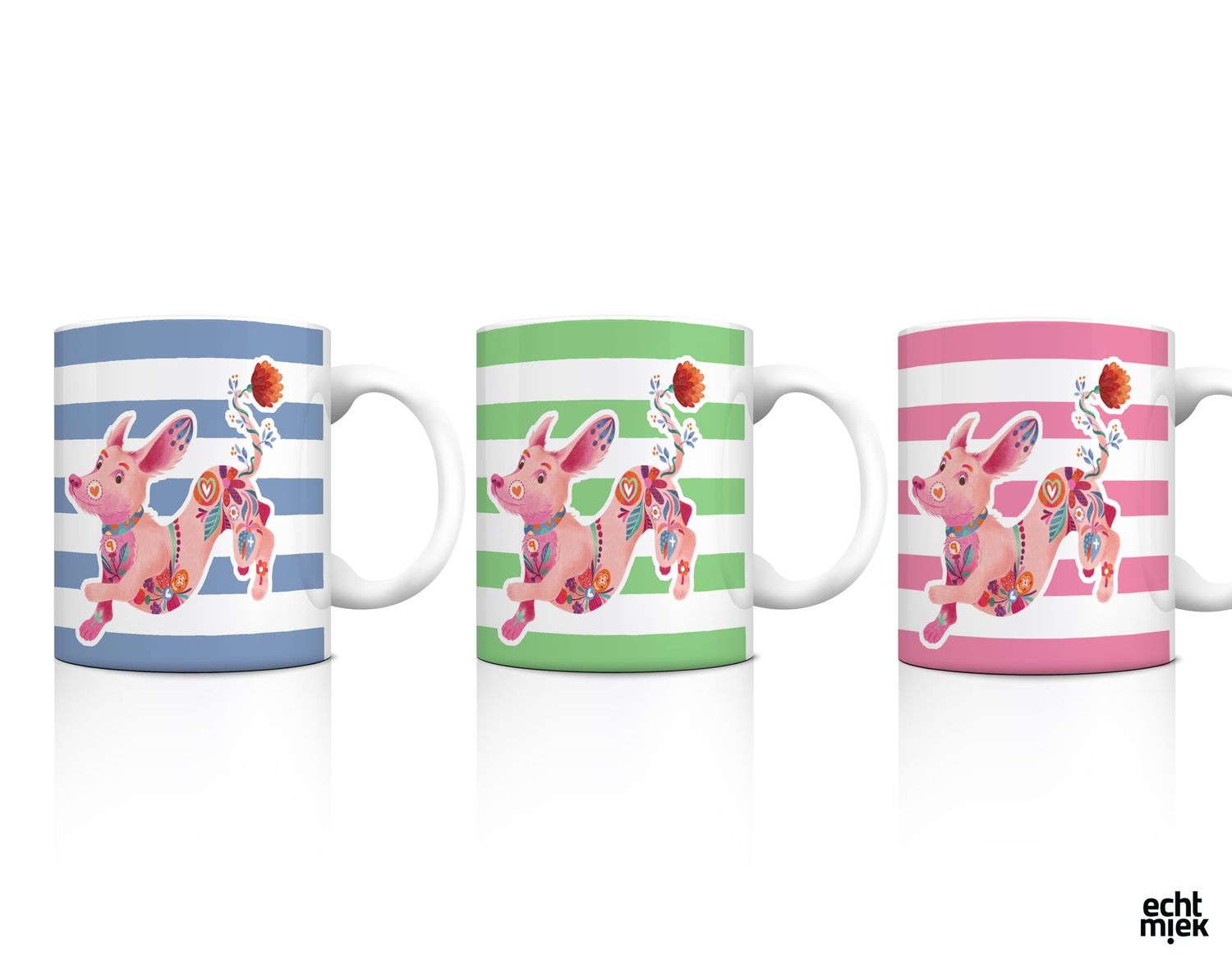 Happy Teckel mok – vrolijke mok in verschillende kleuren Happy Teckel mok in roze, groen en blauw met vrolijke teckelillustratie