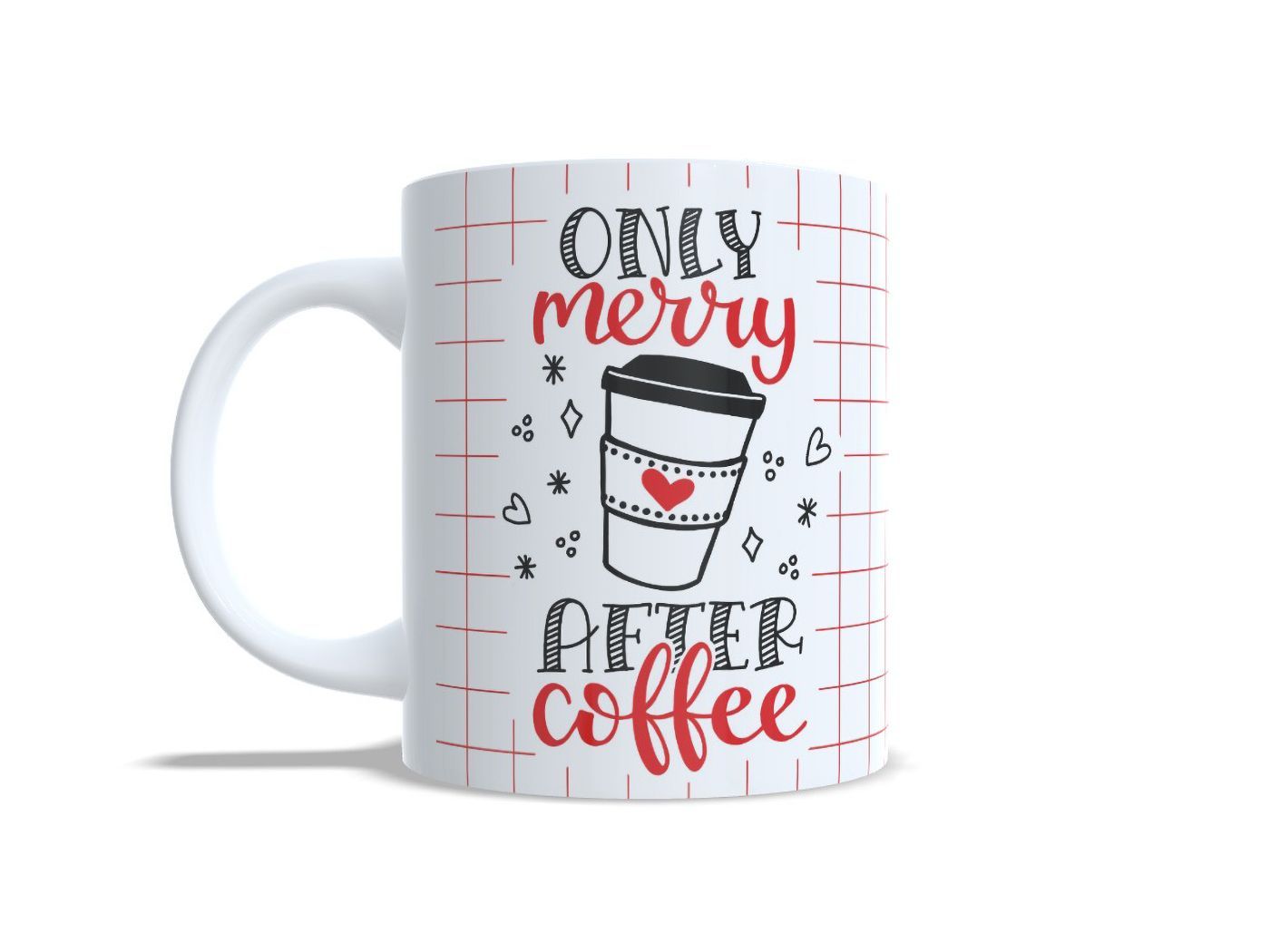 Witte kerstmok met tekst Only Merry After Coffee en koffiebeker illustratie | EchtMiek