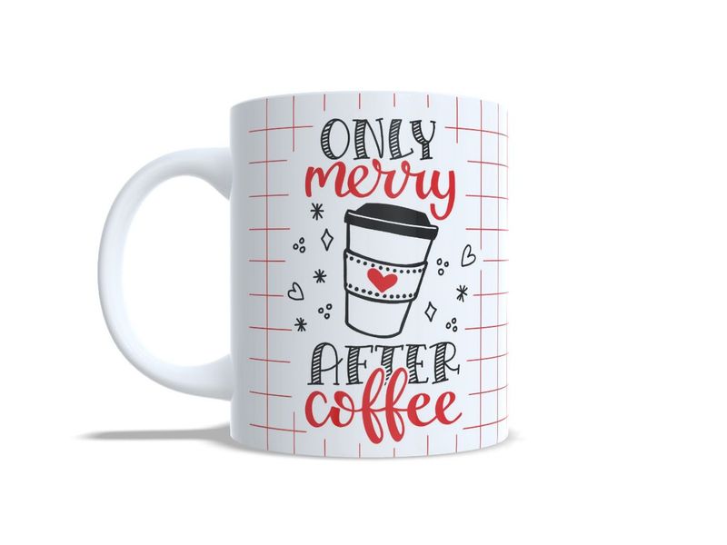 Witte kerstmok met tekst Only Merry After Coffee en koffiebeker illustratie | EchtMiek