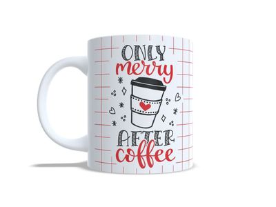 Witte kerstmok met tekst Only Merry After Coffee en koffiebeker illustratie | EchtMiek