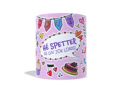 Hé Spetter mok – vrolijke liefdesmok Hé Spetter mok met tekst Ai luv joe loads en kleurrijke Love Doodles – EchtMiek