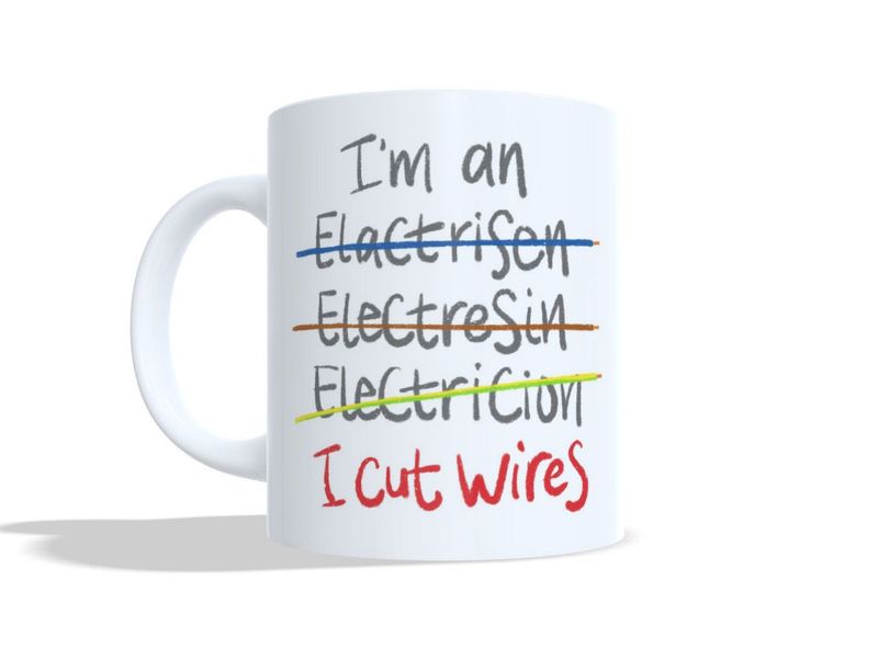 Elektricien mok I Cut Wires – met naam of logo Elektricien mok met grappige tekst I'm an electrician I cut wires – EchtMiek